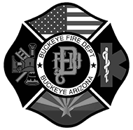 Logo of Buckeye Fire Department in Buckeye, Arizona. The design features a circular emblem with "Buckeye Fire Dept Buckeye Arizona" written around it. The emblem includes icons of firefighting equipment, the American flag, a medical symbol, and a desert cactus.